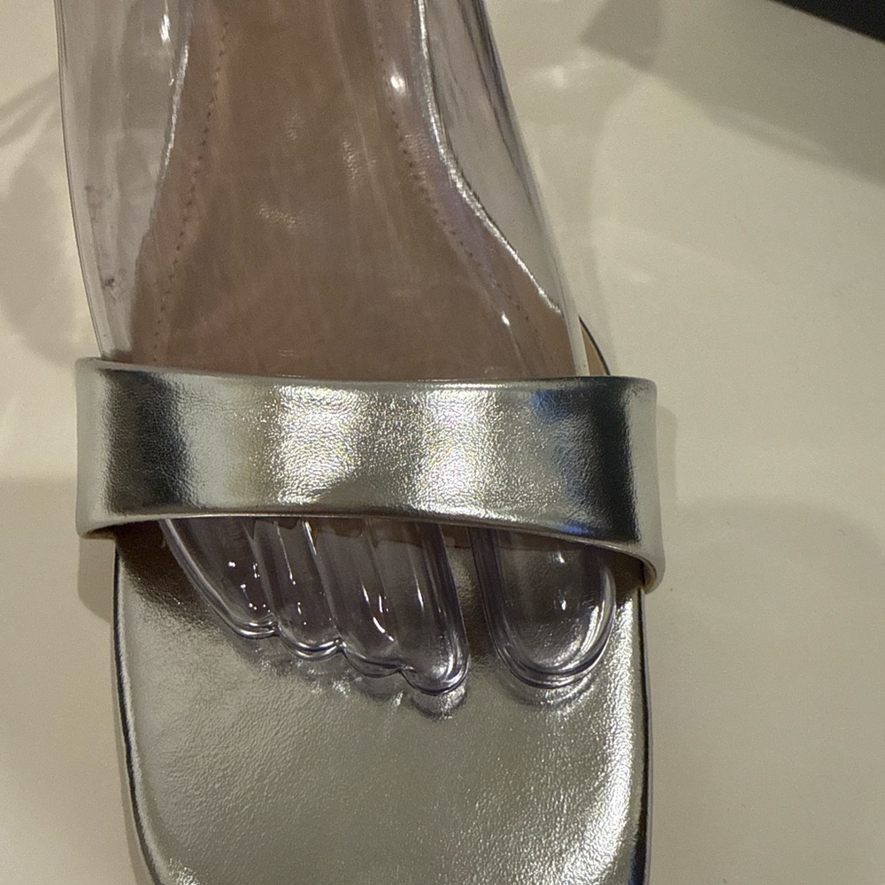 NIB‎ TEAIEUI Silver Square Toe Block Heel Sandals Silver Strap - Picture 4 of 6